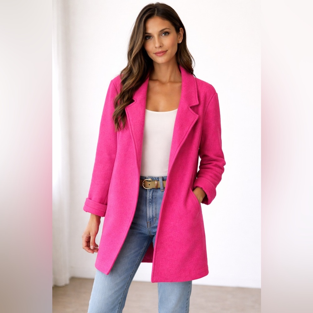 Rachel Zoe Wool Blend Barbiecore Hot Pink Open Front Coat Hot Pink Size L Rack1